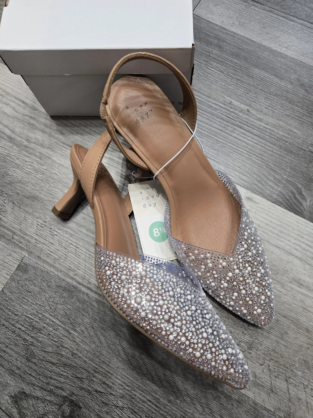 New Day Isabel Embellished Slingback Heels featuring a clear, rhinestone-studded